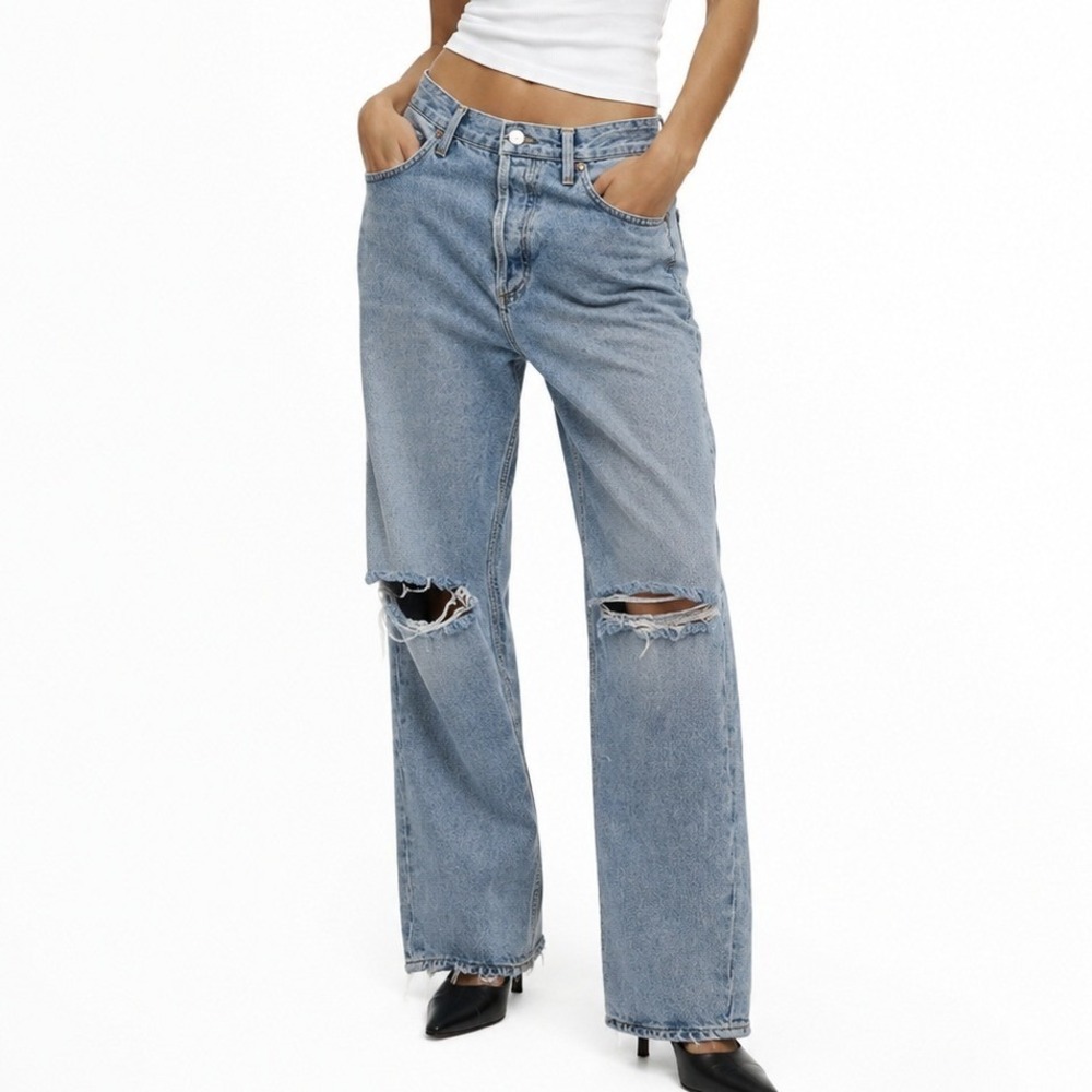AGOLDE 90s Pinch Waist High Rise Straight Leg Light Wash Distressed Jeans 25